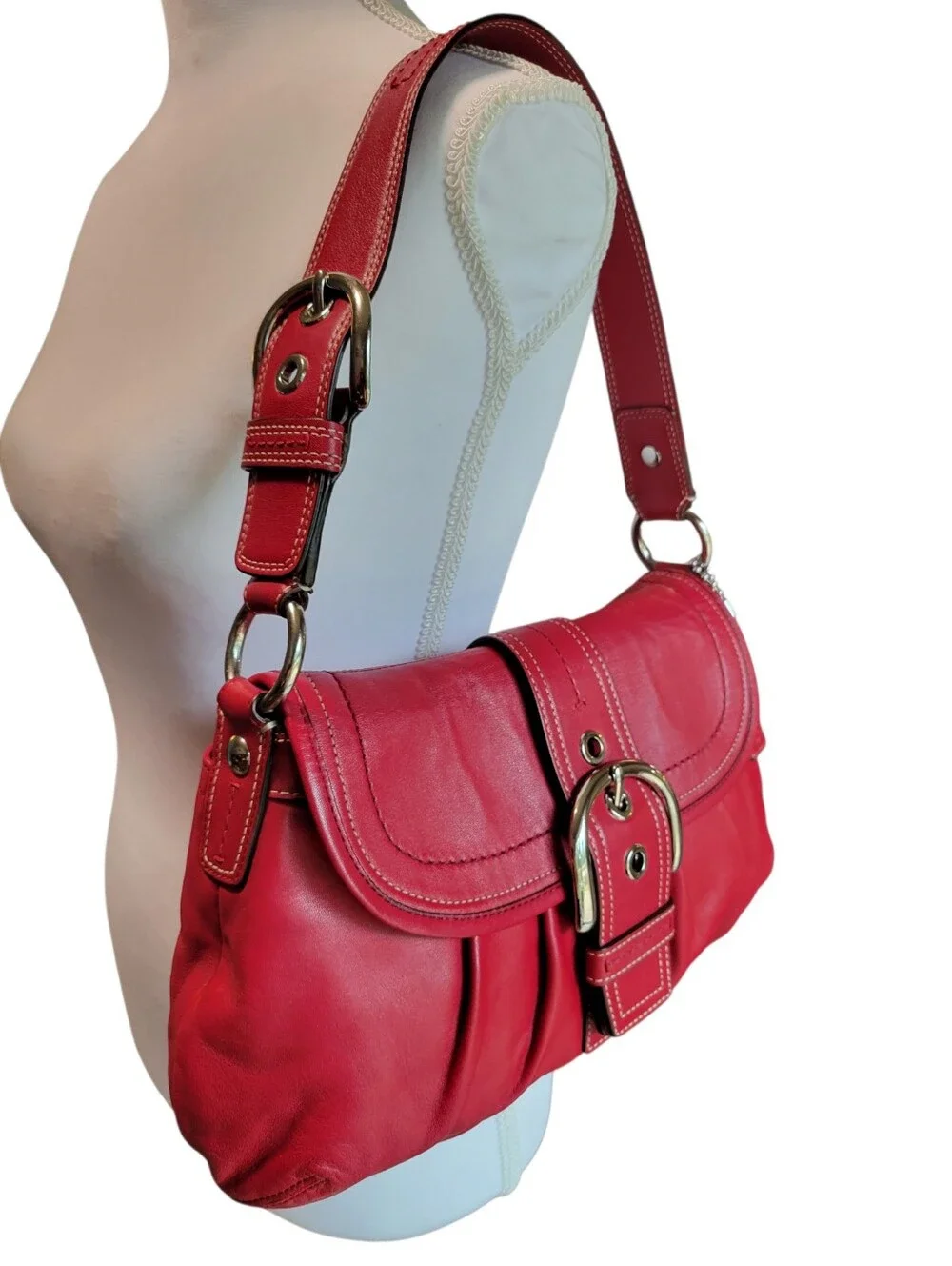 RARE Y2K Coach Cherry Red Pleated Soho Buckle Hobo Shoulder Bag Purse F15204